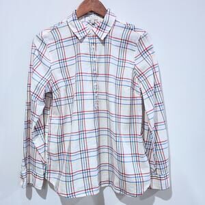 Talbots Womens White Plaid Half Button Up Long Sleeve Blouse Size Medium Petite